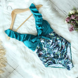 Sexy One Piece Swimsuit Female Swimwear Women Print Floral Bandage Shoulder Ruffle Brazilian Backless