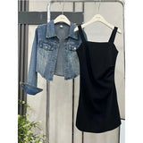 Zingj Cowboy Short Coat Female Spring And Autumn New Korean Version Of The Long Condole Belt Dress With Short Denim Jacket-Outfit