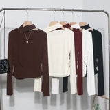 Ribbon Scarf Hanging Neck Long-Sleeved T-Shirt Girl 2024 Autumn Slim Thin Folded Bottom Shirt