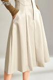 Spring Autumn Black Chic Soft Pu Leather Knee Length Skirt Women High Waist A Line Elegant Luxury Designer Clothes