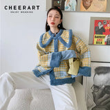 Blends Wool Coat Women Blue Plaid Kawai Cute Coats And Jackets Korean Fashion Winter Outfits Sweater Warm