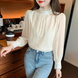 Shot Plus Velvet Winter New Sweet Standing Collar Pearl Splicing Decorative Jacket Design Sense Bubble Sleeve