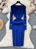 2023 Autumn Knitted Chic Dress O Neck Hollow Out Long Sleeves Bows Decoration Solid Women Slim Fit Bodycon Party
