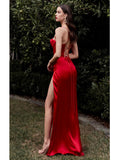 Summer Prom Dress Women'S Sling Sleeveless Solid Color Dress One Word Neck Slim Fit Open Back Slit Red Sexy