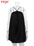 Sexy Halter Backless Mini Dress 2022 Summer Sleeveless Black Satin Dress Ladies Vintage Pleated Elegant Dresses For