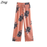 Women Vintage Floral Print Casual Straight Pants Female Chic Elastic Waist Lace Up Long Trousers Pantalones Mujer