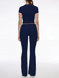 Short Sleeve Cropped Top Fold-over Flare Pants Set- Outfit