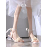 Sandals Women's Coarse Heel In The Summer Of 2025 New Pearl Ribbon Strips With Exposed Toe High