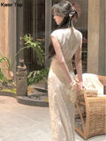 Vintage Slim Jacquard Cheongsam Summer White Midi Dresses Women Short Sleeve Runway Split Vestidos Female Black