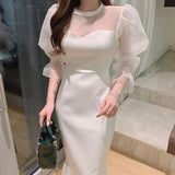 Zingj Chic Early Spring French Niche Round Collar Waist Mesh Stitching Bubble Sleeve Fishtail