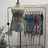 Small-Sized Old-Fashioned Green Shoulder Horn Sleeve Blouse Dye Net Yarn Lace Draw Rope Short T-Shirt