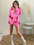 Women Y2K Grunge Vintage V-neck Ribbed Trim Sweaters Jacket Heart/Flower Print Button-down Cardigan Fall