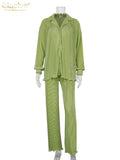 Casual High Wasit Pants Set Women Autumn Long Sleeve Blouses Matching Wide Trousers Suit Green Pleated 2 Piece Pant