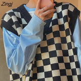 Vest Women Vintage Plaid Stylish Sleeveless Knitwear Teens Preppy Style Ulzzang V-neck Girls Streetwear Harajuku
