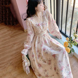 Hollow Chiffon Sweet Dress Women Print Korean Fashion Floral Dress Female Flare Sleeve Patchwork Party Retro Dress