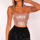 Women Sexy Sequined Rhinestone Tube Crop Tops Sleeveless Strap Bra Vests Shiny Glittering Club Wear