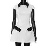 White Collar Contrast Short Sleeve Mini Dress-Outfit