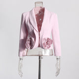 2025 New Pink Three-Dimensional Rose Two-Piece Set Of Waist Thin Suit + 100 Folds Medium And Long Skirt