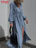 Sexy V-Neck Blue Midi Dress Ladies Bodycon Fashion Long Sleeve Slit Dress Elegant Single-Breasted Dresses For Women