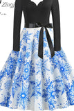 Women Winter Christmas Dress Vintage Santa Printed V-Neck Long Sleeve Swing Sexy Xmas Party Festival Dress