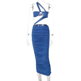 Hollow Out Inclined Shoulder Madi Dress Women Summer Blue Backless Sleeveless Bodycon Beach Sexy Long