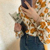 Shirts Women Notched Loose Spring Long Sleeve Floral Elegant Korean Vintage Sweet French Style High Street Chiffon