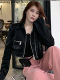 Cropped Leather Jacket Women Streetwear Moto Biker Zipper Leather Jacket Punk Winter Irregular Faux Fur Aviator Coat