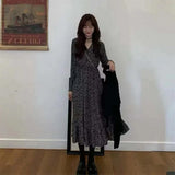 Black 2pcs Set Back Tie V-Neck Short Sweater Pullover +Long-Sleeved Ruffled Floral Dress Women Korean 2021 Elegant