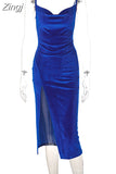 Spring 2023 Sexy Straps Slit Velvet Midi Dress for Women Sleeveless Backless Club Night Party Draped Dresses