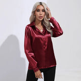 Autumn Satin Shirt Women V Neck Long Sleeve Office Shirt Blouses Ladies Black White Silk Loose Shirts For