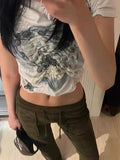 Y2k Aesthetic Graphic T Shirts Summer Puff Sleeve Pleated T-shirt Women Star Print Vintage Asymmetrical Tops Sexy
