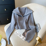 Half-Zipped Navy Collar Lazy Wind Sweater Female With Autumn And Winter Knit Sweater Loose Outside Wearing Soft Waxy Short Top-Outfit