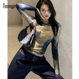 Sexy Harajuku Slim T Shirt Women Tie Dye Print Long Sleeve Tops Korean Style Tshirts Vintage Streetwear Skinny Tee