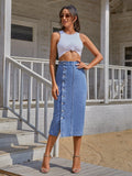 Fashion New Single Breasted Knee Length Denim Skirt Women Streetwear Casual Pocket High Waist Straight Jeans