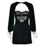 Velvet Square Neck Puff Long Sleeve Mini Dress- Outfit