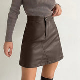 Spring High Waist Women's Leather Skirts Chic Zipper A-line Mini Skirt Elegant Fashion Ladies Faux Leather Skirt