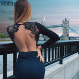 2021 Autumn Women New Elastic Soft Slim Bodysuit Backless Lace Patchwork Black O Neck Long Sleeve Sexy Skinny