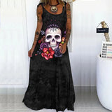 Vintage Punk Skull Print Party Dress Women Elegant O-Neck Sleeveless Sling Long Beach Casual Loose Long Summer