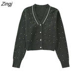 2022 Women Fashion V Neck Pearl Beading Appliques Knitting Sweater Female Chic Breasted Short Cardigan Coat Tops