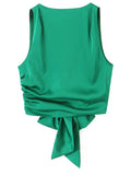 Women Fashion With Bow Solid Pleated Backless Cropped Tank Tops Vintage O-Neck Sleeveless Female Chic Lady