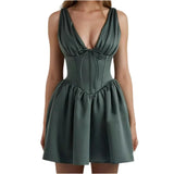 Green Stain Pleated V-neck Mini Dress- Outfit