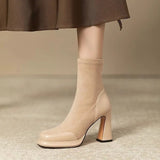Autumn And Winter Retro Thick Heel Short Boots Women's Splicing Waterproof Platform Simple Elastic Thin Boots High Heel Short Tube Single