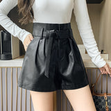 Autumn Winter Women's Faux PU Leather Shorts with Belted New High Waist Lady Elegant Short Trousers Pocket