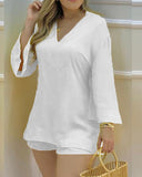 Women Plain Bell Sleeve V-Neck Long Casual Loose Top &amp; Shorts Set Casual Summer Solid Streetewar Suit
