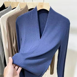 Zingj Temperament Goddess 2024 Autumn New Good Version V Collar Short Sleeve Female Slim Slim Elastic Cotton Black