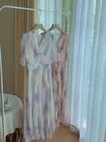 V-neck Print Dress French Style Women Elegent Party Pink Midi Dress Female Fashion A Line Holiday Korean Clothes
