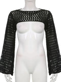 Black Y2K Knitted Crop Top Hollow Out Loose O Neck Long Sleeve Smock Top Women Retro Streetwear Fashion Tee Chic