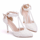 White Lace Wedding Shoes One-Word Wristband Bridal Shoes Fine Heel Tip Wedding Shoes Women's