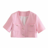 Pink Cropped Simple Women Blazer Jacket Casual New Single Breasted V-neck Short Sleeve Chic Pockets Female Elegant