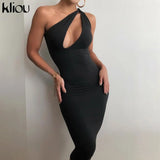 Cut Out Sexy Midnight Clubwear Maxi Dresses Solid One Shoulder Birthday Outfit For Women Slim Bodycon Party